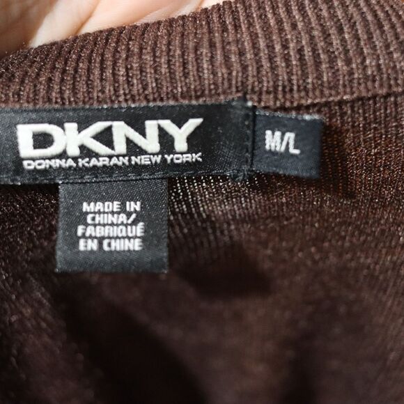 DKNY Brown & Black Silk Cardigan Bolero Wrap Sweater M/L Pussycat Bow Tie Front - Picture 9 of 12